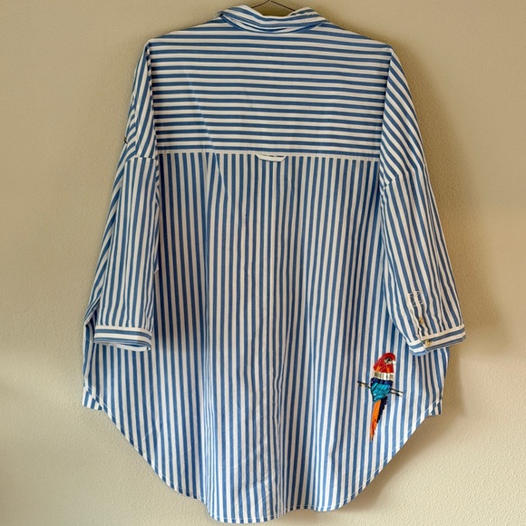 Anthropologie Maeve Oversized Striped Shirt with Parrot Beaded Embroidery - Picture 2 of 6